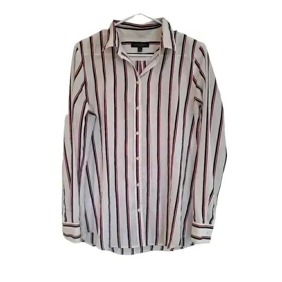 Banana Republic Women's White/Navy/Red Striped Poly Button Down Dillon Shirt - Picture 2 of 10
